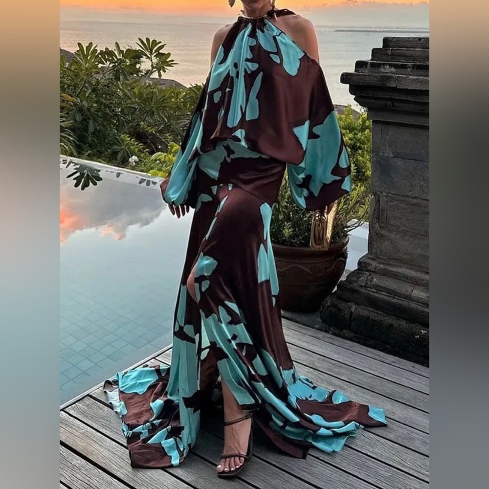 Elegant Blue and Brown Maxi Dress